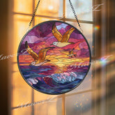 Seagull Stained Glass Suncatcher, Round Ocean Sunset Waves Window Panel, Coastal Nautical Bird Glass Art Beach Home Decor Gift